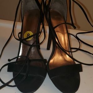 Black open toe strappy tie up heels